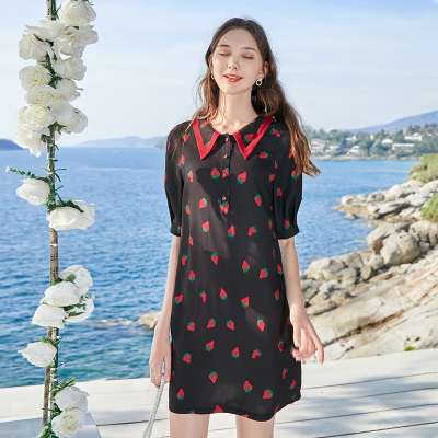三彩2020夏季新款尖尖莓印花连衣裙