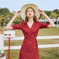 三彩2020夏季新款V领法式桔梗碎花复古雪纺连衣裙夏
