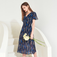三彩2020夏季新款V领飞飞袖腰带印花大摆裙连衣裙