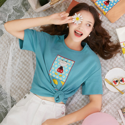 三彩2020夏季新款小雏菊系列圆领木偶印花T恤衫上衣