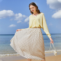 三彩2020夏季新款弹力松紧腰高腰植绒波点裙半身中