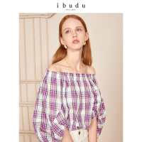 伊布都ibudu2020夏季新款一字领短款灯笼袖格子衬衫上衣