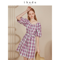 伊布都ibudu2020夏季新款圆领灯笼袖腰带格子裙连衣裙