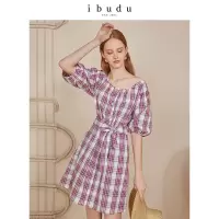伊布都ibudu2020夏季新款圆领灯笼袖腰带格子裙连衣裙