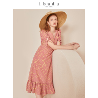 伊布都ibudu2020夏季新款V领波点印花荷叶边连衣裙