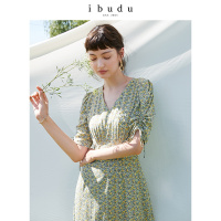伊布都ibudu2020夏季新款V领印花抽绳大摆裙连衣裙