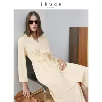 伊布都ibudu2020春季新款腰带鹅色长袖连衣裙衬衫裙
