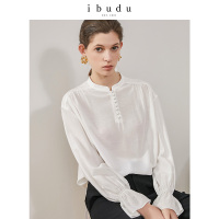 伊布都ibudu2020春季新款圆领喇叭袖长袖白衬衫