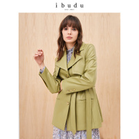 伊布都ibudu2020春季新款西装领腰带中长PU皮外套