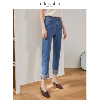伊布都ibudu2020春季新款高腰翻边毛边直筒裤棉弹牛仔裤长裤