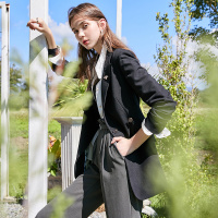 三彩2020秋季新款西装领腰带直筒长袖中长款都市西装外套上衣