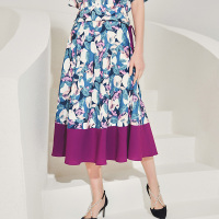 三彩2020夏季新款高腰A字裙印花度假风半身雪纺裙中长大摆裙