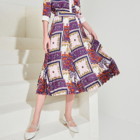 三彩2020夏季新款高腰百褶裙缎面印花半身裙A字裙