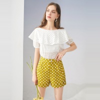 三彩2020夏季新款高腰翻边直筒裤小A字休闲波点印花雪纺短裤