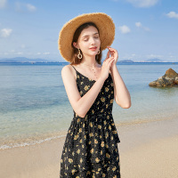 三彩2020夏季新款V领吊带裙弹力松紧腰印花连衣裙