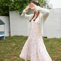 三彩2020夏季新款圆领油画质地印花裙仙裙吊带雪纺连衣裙