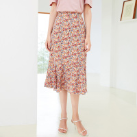 三彩2020夏季新款高腰印花碎花裙荷叶边鱼尾裙半身裙中