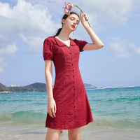 三彩2020夏季新款小绣花泡泡袖小A字连衣裙