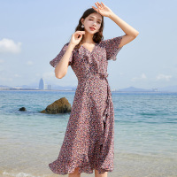 三彩2020夏季新款V领荷叶边法式茶歇裙印花雪纺一片式连衣裙