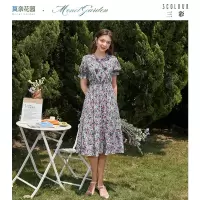 三彩2020夏季新款花园派对蝴蝶结碎花喇叭袖印花连衣裙
