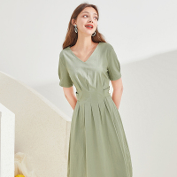 三彩2020夏季新款V领A字裙连衣裙大摆裙