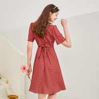 三彩2020夏季新款V领印花复古连衣裙桔梗裙