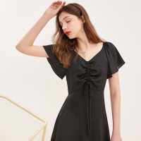 三彩2020夏季新款V领荷叶袖抽绳大摆裙连衣裙