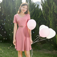 三彩2020夏季新款V领修身优雅复古洒银连衣裙