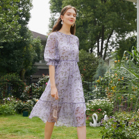 三彩2020夏季新款两穿印花雪纺印花裙七分袖连衣裙吊带两件套