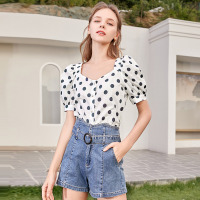 三彩2020夏季新款短款泡泡袖波点印花直筒衬衫上衣