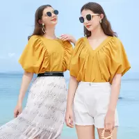 三彩2020夏季新款V领蝙蝠袖衬衫两穿上衣