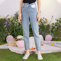 三彩2020夏季新款高腰休闲水洗牛仔长裤小雏菊绣花直筒裤裤子