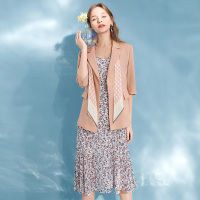 三彩2020夏季新款西装领直筒休闲领带七分袖仿麻西装外套