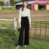 三彩2020春季新款高腰腰带阔腿裤加宽拖地裤休闲小黑裤