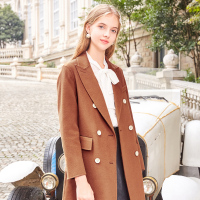 三彩冬季新款戗驳领长款直筒呢子大衣羊毛呢外套