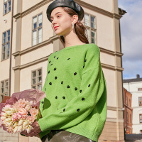 三彩冬季新款圆领撞色亮片刺绣毛衣套头毛衫长袖针织衫