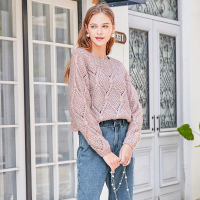 三彩冬季新款圆领菱格纹镂空花纱针织衫毛衣长袖短款套头衫