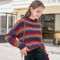 三彩冬季新款圆领渐变彩虹色毛衣长袖针织衫毛衫