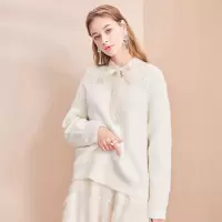 三彩冬季新款珍珠钉钻V领毛衣亮晶晶慵懒针织衫套头衫