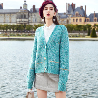 三彩冬季新款V领开衫长袖花纱针织衫外套毛衣