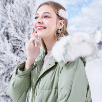 三彩2019冬季新款撞色狐狸毛领白鸭绒长款宽松羽绒服大衣女