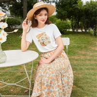 三彩2020夏季新款弹力松紧腰高腰印花裙A字木耳边半身裙