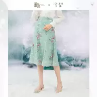 三彩2020夏季新款国宝系列联名高腰花朵印花刺绣花边雪纺半身裙