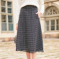 三彩冬季新款高腰显瘦优雅伞裙半身裙毛边格子毛呢裙子