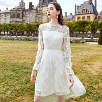 三彩冬季新款花边立领喇叭袖蕾丝裙网纱大摆仙中长连衣裙