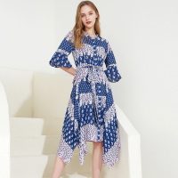 三彩2020夏季新款喇叭袖印花不规则大摆连衣裙