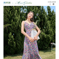 三彩2020夏季新款花园派对碎花印花松紧腰V领吊带裙连衣裙