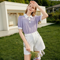 三彩2020夏季新款花边薰衣紫灯笼袖直筒衬衫上衣