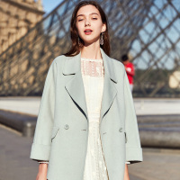 三彩冬季新款西装领两颗扣翻边中长双面呢羊毛呢大衣