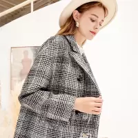 三彩冬季新款西装领绣花格纹中长款毛呢大衣外套